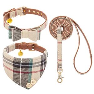 expawlorer dog collar and leash set - classic plaid dog bow tie and dog bandana collar with bell, dog leash tangle free, adjustable collars for small medium large dogs cats, holiday ideal gift