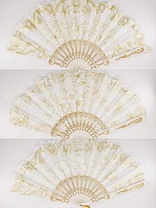 12 pc mix spanish style white and gold glitter floral pattern folding fan for wedding party decor/sweet 15 favors/dancing hand fan/table setting/wall decoration/out door wedding/wedding gift