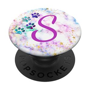 Purple Monogram Letter S Initial Rainbow Cat Dog Paw Prints PopSockets Swappable PopGrip