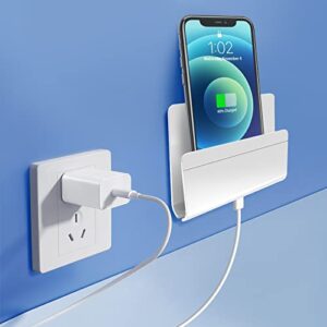 2pcs Adhesive Wall Mount Phone Holder Mobile Phone Charger Socket Pocket Multi-Purpose Phone Charging Dock Damage Free Storage Box Perfect for iPhone Smartphone Mini Table Remote Control (White)