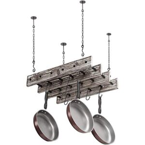 mygift ceiling-mounted pot and pan holder, torched wood and metal piping hanging storage rack with 8 hooks