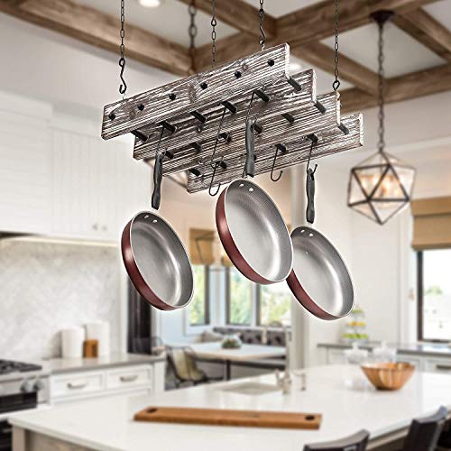 MyGift Ceiling-Mounted Pot and Pan Holder, Torched Wood and Metal Piping Hanging Storage Rack with 8 Hooks