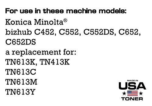 MADE IN USA TONER Compatible Replacement for Konica Minolta Bizhub C452, C552, C652, TN613K, TN613C, TN613M, TN613Y, TN413K (Black Cyan, Magenta, Yellow, 4-Pack)