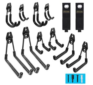 garage hooks, 12 pack wall storage hooks with 2 extension cord storage straps, heavy duty tool hangers for utility organizer, wall mount holders for garden lawn tools, ladders hanger, bike (black)