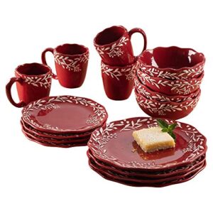 bianca mistletoe holiday round dinnerware set – 16-piece ceramic dinner party collection w/ 4 dinner plates, 4 salad plates, 4 bowls & 4 mugs – unique gift idea for any special occasion, red