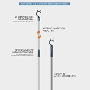 Reach Stick High Place Reaching Pole with Hook 56" Extendable Stainless Steel Reaching Tool Pole for High Place, Top Rod, Closet Shelf