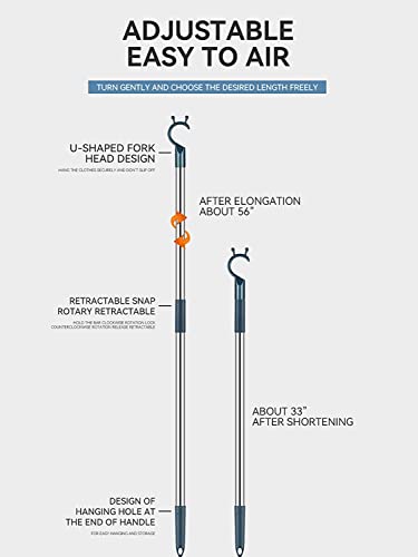 Reach Stick High Place Reaching Pole with Hook 56" Extendable Stainless Steel Reaching Tool Pole for High Place, Top Rod, Closet Shelf