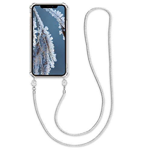 kwmobile Case Compatible with Apple iPhone Xs - Crossbody Case Clear Transparent TPU Phone Cover with Metal Chain Strap - Transparent/Silver