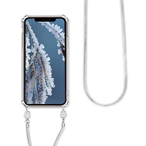 kwmobile Case Compatible with Apple iPhone Xs - Crossbody Case Clear Transparent TPU Phone Cover with Metal Chain Strap - Transparent/Silver