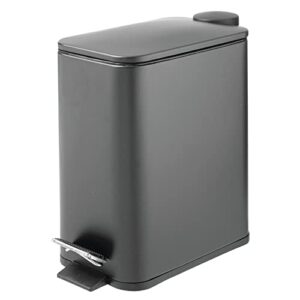 mdesign slim metal rectangle 1.3 gallon trash can with step pedal, easy-close lid, removable liner - narrow wastebasket garbage container bin for bathroom, bedroom, kitchen, office - charcoal gray