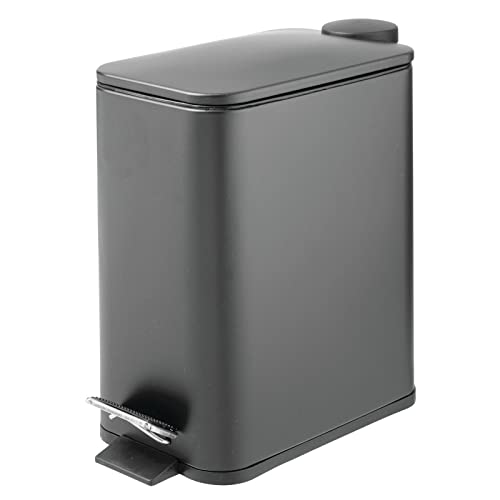 mDesign Slim Metal Rectangle 1.3 Gallon Trash Can with Step Pedal, Easy-Close Lid, Removable Liner - Narrow Wastebasket Garbage Container Bin for Bathroom, Bedroom, Kitchen, Office - Charcoal Gray