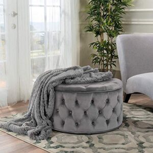 Homebeez Round Velvet Storage Ottoman, Button Tufted Footrest Stool Coffee Table for Living Room (Grey)