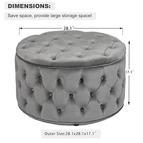 Homebeez Round Velvet Storage Ottoman, Button Tufted Footrest Stool Coffee Table for Living Room (Grey)