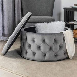Homebeez Round Velvet Storage Ottoman, Button Tufted Footrest Stool Coffee Table for Living Room (Grey)