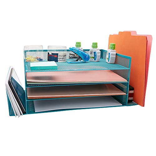 Mind Reader Desk Organizer with 6 Compartments [4 Trays and 2 Side File Holders ] For Pen, Pencil, Mail, Magazines and Office Accessories (Turquoise)