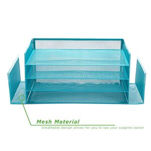 Mind Reader Desk Organizer with 6 Compartments [4 Trays and 2 Side File Holders ] For Pen, Pencil, Mail, Magazines and Office Accessories (Turquoise)