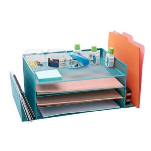 Mind Reader Desk Organizer with 6 Compartments [4 Trays and 2 Side File Holders ] For Pen, Pencil, Mail, Magazines and Office Accessories (Turquoise)