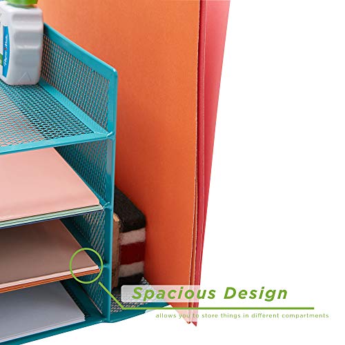 Mind Reader Desk Organizer with 6 Compartments [4 Trays and 2 Side File Holders ] For Pen, Pencil, Mail, Magazines and Office Accessories (Turquoise)