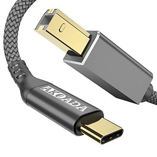 AkoaDa USB C to Printer Cable, USB C to USB B Male Scanner Cord Compatible with DIMI, Google Chromebook Pixel, MacBook Pro, HP Canon Printers, iPad Pro and More Type-C Devices/Laptops(5ft Grey)