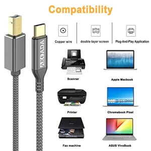 AkoaDa USB C to Printer Cable, USB C to USB B Male Scanner Cord Compatible with DIMI, Google Chromebook Pixel, MacBook Pro, HP Canon Printers, iPad Pro and More Type-C Devices/Laptops(5ft Grey)