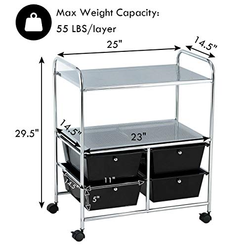 Giantex Rolling Storage Cart w/ 4 Drawers 2 Shelves Metal Rack Shelf Home Office School Beauty Salon Utility Organizer Cart with Wheels (Black)