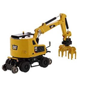 1:87 Caterpillar M323F Railroad Wheeled Excavator, Safety Yellow Color – HO Series by Diecast Masters – 85612 (Comes with 3 Interchangeable Work tools: Ballast Tamper, Rail Clamshell, and Bucket