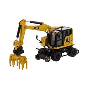 1:87 Caterpillar M323F Railroad Wheeled Excavator, Safety Yellow Color – HO Series by Diecast Masters – 85612 (Comes with 3 Interchangeable Work tools: Ballast Tamper, Rail Clamshell, and Bucket