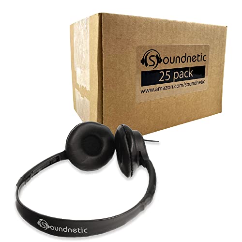 Soundnetic SN313 Classroom Over The Head Stereo Headphones with Leatherette Earpads, Black, Count of 25, Pack of 1