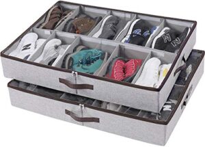 hoonex under bed shoe storage organizer with adjustable dividers, shoe holder with leather handles, 2 pack, store 24 pairs, grey