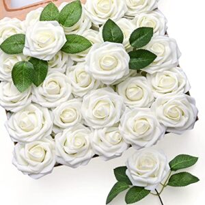 mocoosy 50pcs artificial flowers rose, ivory white fake roses for decorations, real looking foam rose bulk with stems for diy wedding bouquets bridal shower mothers day party home decor