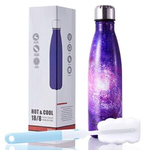 hgdgears 17oz stainless steel water bottle double wall vacuum insulated flask bpa free leak proof cola shape thermos with brush, galaxy purple