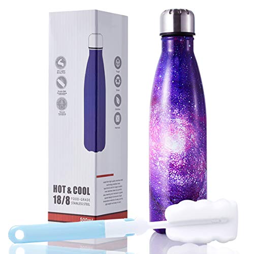 HGDGears 17oz Stainless Steel Water Bottle Double Wall Vacuum Insulated Flask BPA Free Leak Proof Cola Shape Thermos with Brush, Galaxy Purple