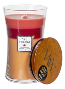 woodwick trilogy autumn harvest - apple basket, spiced blackberry, pumpkin butter scented crackling wooden wick hourglass candle in clear glass jar, large - 21.5 oz