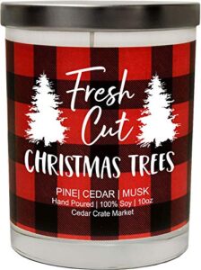 fresh cut christmas trees, pine, cedar, musk, buffalo plaid christmas scented soy candle, 10 oz. candle, made in the usa, decorative holiday candles, best smelling christmas candles for home