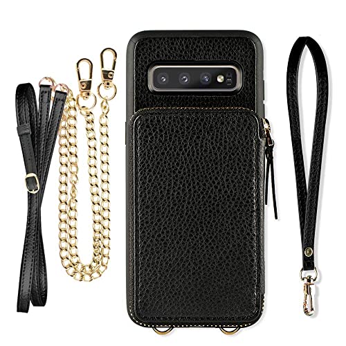 Samsung Galaxy S10+ Case, ZVE Galaxy S10 Plus Wallet Case with Credit Card Holder Slot Crossbody Chain Handbag Purse Zipper Case Cover for Samsung Galaxy S10 Plus (2019), 6.4 inch - Black