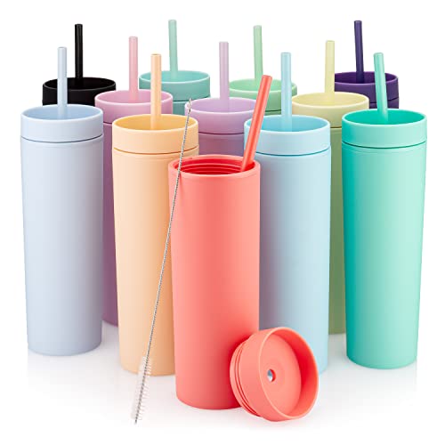 STRATA CUPS Skinny Tumblers (12 pack) 16oz Tumbler Matte Pastel Colored Acrylic, Tumblers with Lids and Straws, Tumblers Bulk, Cups with Lids and Straws, Tumbler with Lid and Straw, Acrylic Cups