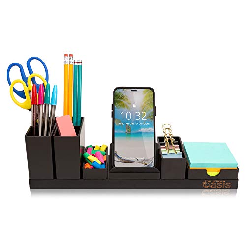 Customizable Desk Organizer, Bamboo Wood Base with Magnetic Trays, Desktop Organization Holder for Pen, Pencil, Office Supplies, and Accessories, Perfect for Home Office or College Dorm Room, Black