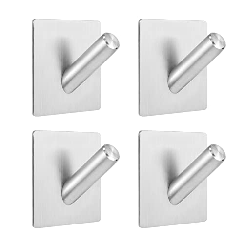 FULGENTE Adhesive Hooks Heavy Duty Hooks Wall Hangers Waterproof Stainless Steel Towel Hanger Holder Stcik on Hooks for Hanging Kitchen Bathroom Home Bathroom Towel Hooks- 4Packs