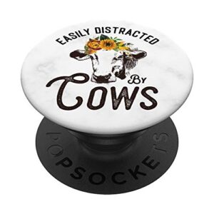 easily distracted by sunflowers and cows heifer women popsockets popgrip: swappable grip for phones & tablets