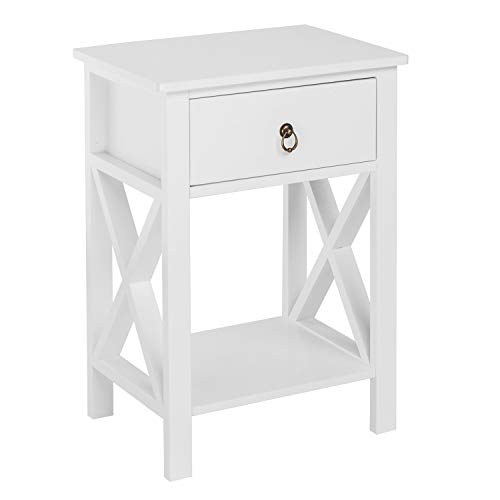 Bonnlo White Nightstand with Drawer and Shelf, Farmhouse Night Stands for Bedrooms Set of 2, End Table Bed Side Table/Night Stand with Rustic Handle for Small Spaces, Dorm, Kids’ Room, Living Room