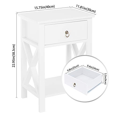 Bonnlo White Nightstand with Drawer and Shelf, Farmhouse Night Stands for Bedrooms Set of 2, End Table Bed Side Table/Night Stand with Rustic Handle for Small Spaces, Dorm, Kids’ Room, Living Room