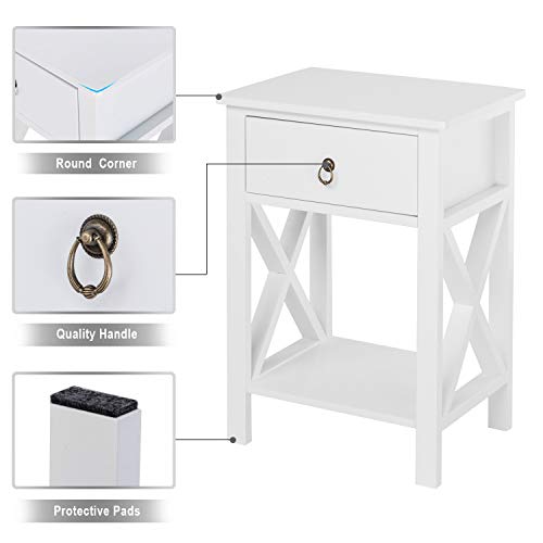 Bonnlo White Nightstand with Drawer and Shelf, Farmhouse Night Stands for Bedrooms Set of 2, End Table Bed Side Table/Night Stand with Rustic Handle for Small Spaces, Dorm, Kids’ Room, Living Room