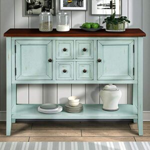 P PURLOVE Console Table Buffet Table with Storage Drawers Cabinets and Bottom Shelf (Antique Blue)