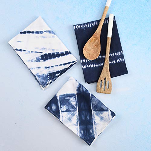 Folkulture Kitchen Towels or Dish Towels, 18 X 26 Inches Tea Towels or Dish Cloths with Corner Hanging Loop, Set of 3 Cotton Dish Rags for Kitchen Décor, Indigo Blue Shibori