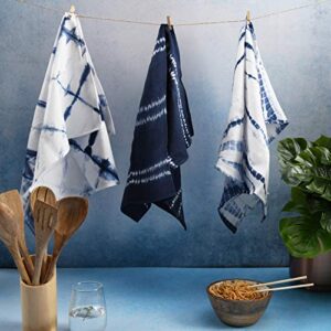 Folkulture Kitchen Towels or Dish Towels, 18 X 26 Inches Tea Towels or Dish Cloths with Corner Hanging Loop, Set of 3 Cotton Dish Rags for Kitchen Décor, Indigo Blue Shibori