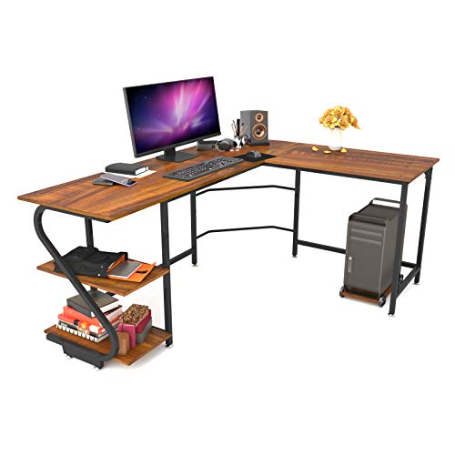 Weehom Reversible L-Shaped Desk with Shelves Large Corner Gaming Computer Desks for Home Office Writing Workstation Wooden Table