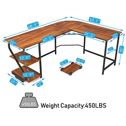 Weehom Reversible L-Shaped Desk with Shelves Large Corner Gaming Computer Desks for Home Office Writing Workstation Wooden Table