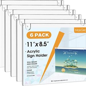 MaxGear Acrylic Sign Holder 8.5 X 11 Wall Mount Sign Holder Clear Plastic Picture Frames with 3M Tape Adhesive and Screws for Office, Home, Store, Restaurant - Landscape, 6 Pack