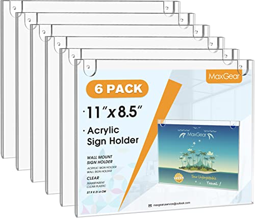 MaxGear Acrylic Sign Holder 8.5 X 11 Wall Mount Sign Holder Clear Plastic Picture Frames with 3M Tape Adhesive and Screws for Office, Home, Store, Restaurant - Landscape, 6 Pack