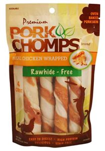 pork chomps baked pork skin dog chews, 6-inch twists, real chicken wrap, 4 count